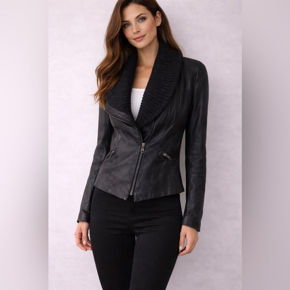 Black Leather Jacket with Knit Collar – Size XS